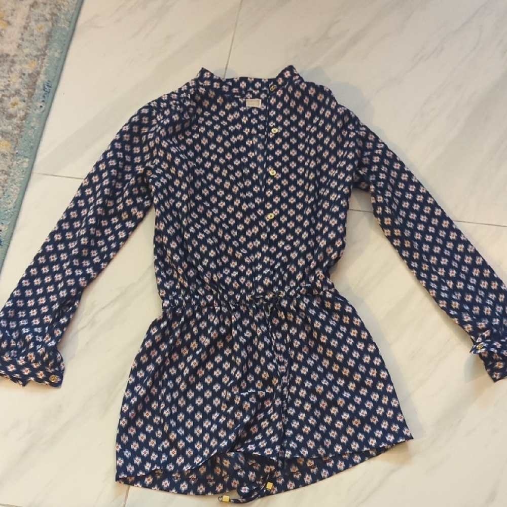 Navy and White Patterned Long Sleeve Jumpsuit